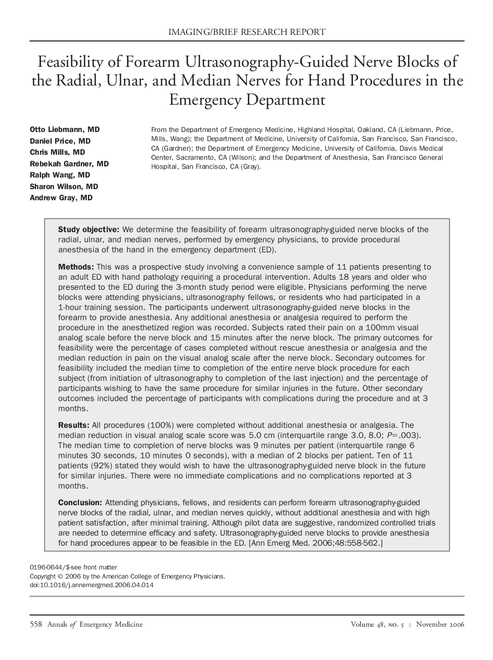 Feasibility of Forearm Ultrasonography-Guided Nerve Blocks of the Radial, Ulnar, and Median Nerves for Hand Procedures in the Emergency Department 