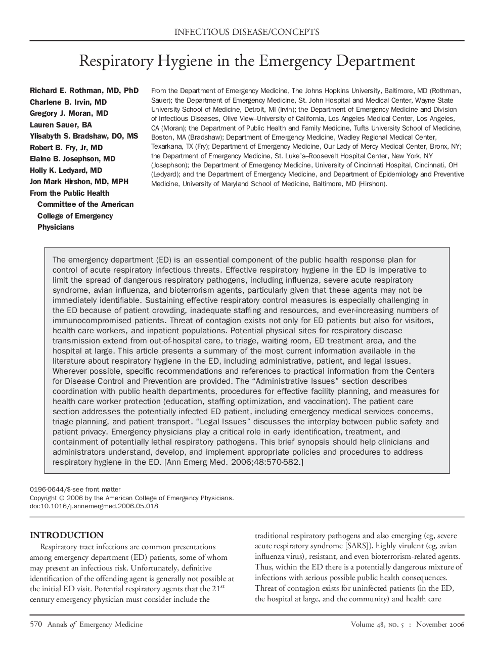 Respiratory Hygiene in the Emergency Department 