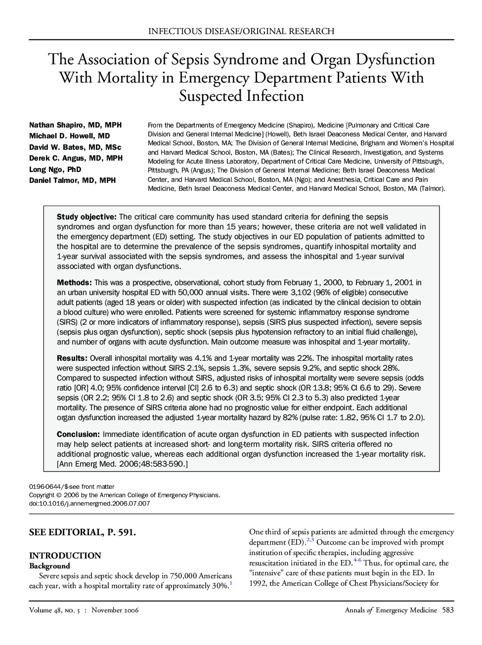 The Association of Sepsis Syndrome and Organ Dysfunction With Mortality in Emergency Department Patients With Suspected Infection