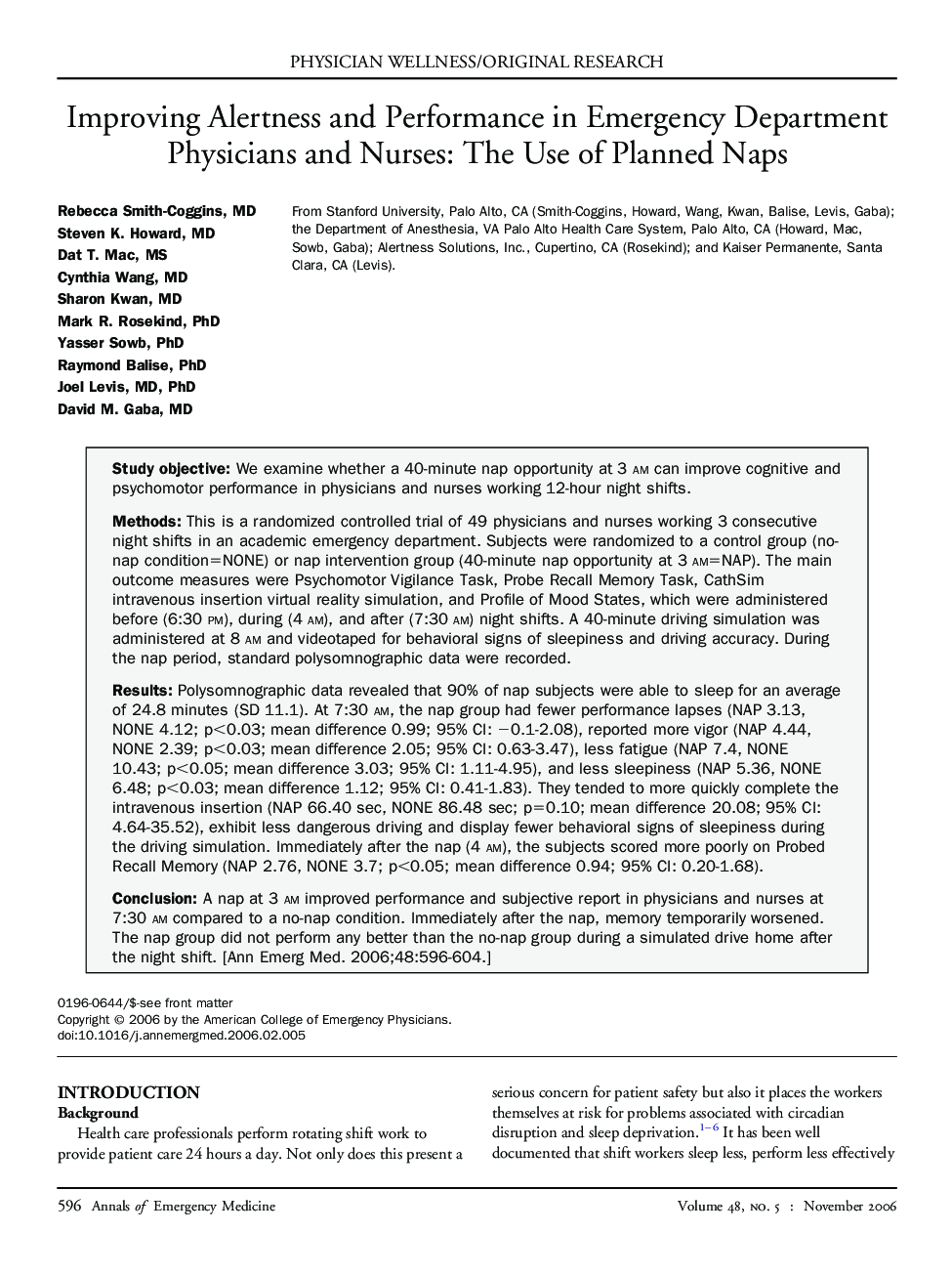 Improving Alertness and Performance in Emergency Department Physicians and Nurses: The Use of Planned Naps