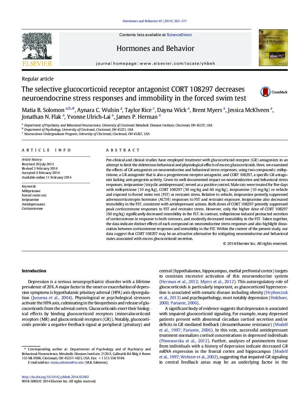 The selective glucocorticoid receptor antagonist CORT 108297 decreases neuroendocrine stress responses and immobility in the forced swim test