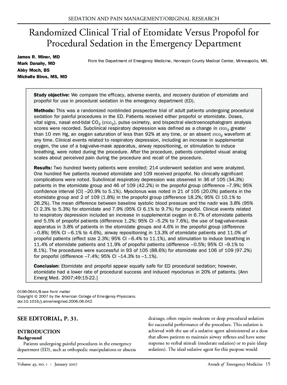 Randomized Clinical Trial of Etomidate Versus Propofol for Procedural Sedation in the Emergency Department 