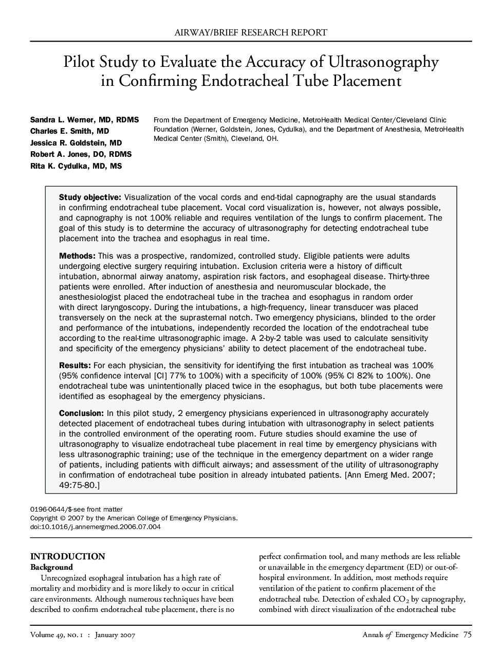 Pilot study to evaluate the accuracy of ultrasonography in confirming endotracheal tube placement 