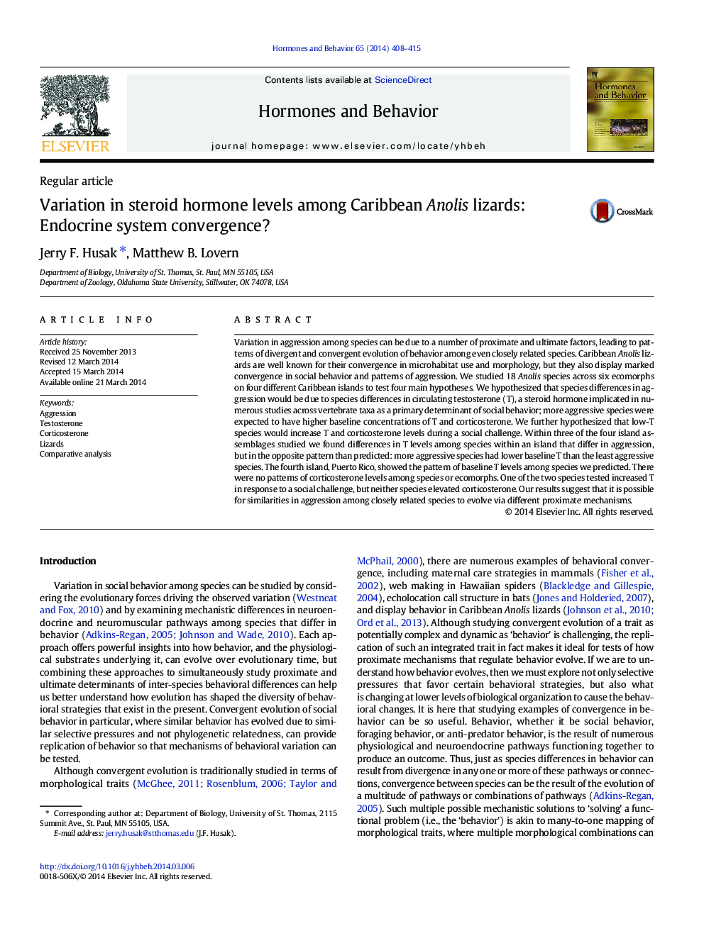 Variation in steroid hormone levels among Caribbean Anolis lizards: Endocrine system convergence?