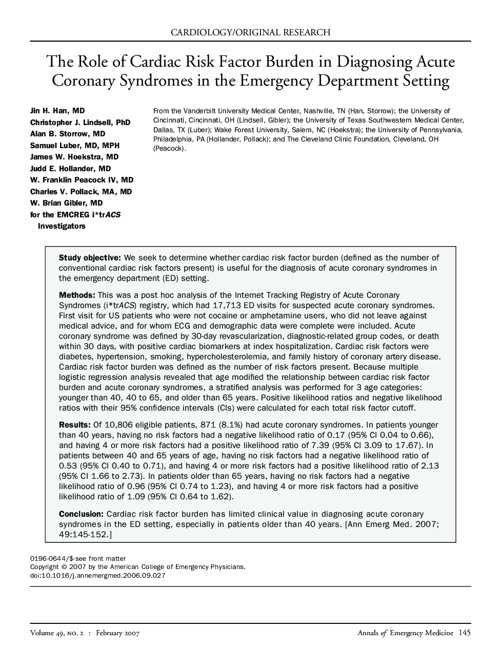 The Role of Cardiac Risk Factor Burden in Diagnosing Acute Coronary Syndromes in the Emergency Department Setting