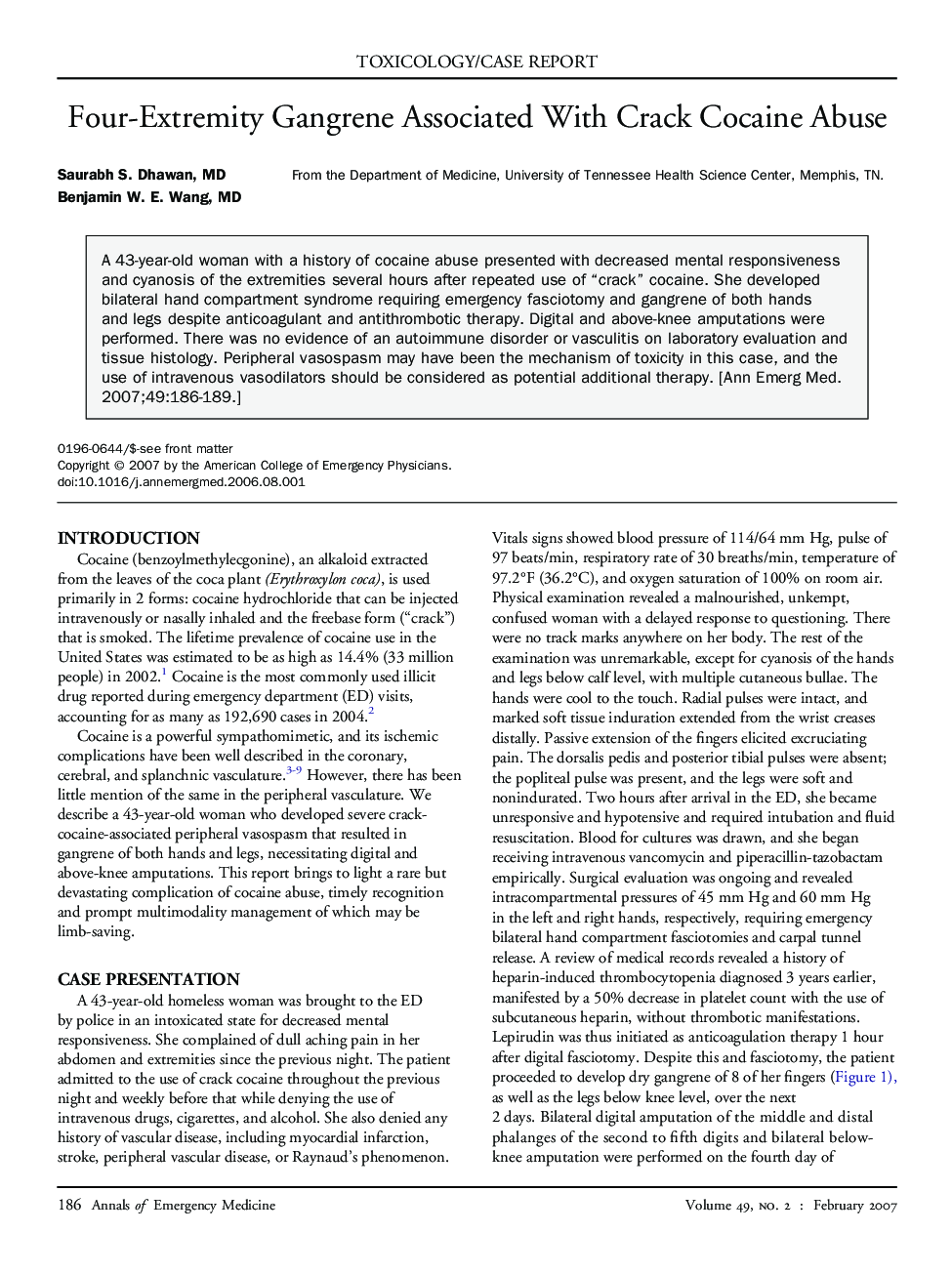 Four-Extremity Gangrene Associated With Crack Cocaine Abuse 