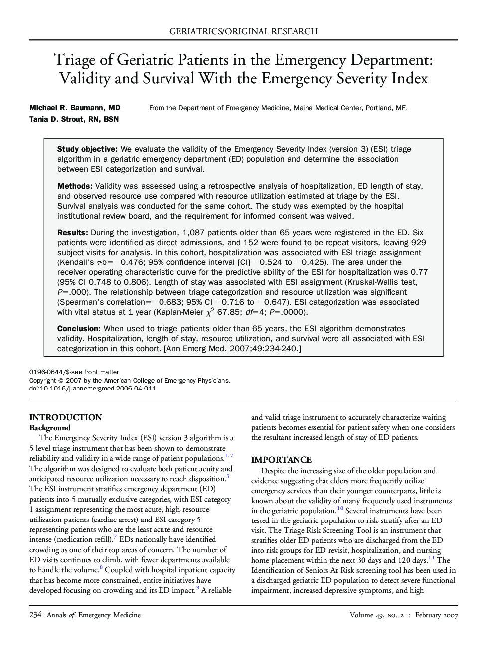 Triage of Geriatric Patients in the Emergency Department: Validity and Survival With the Emergency Severity Index 