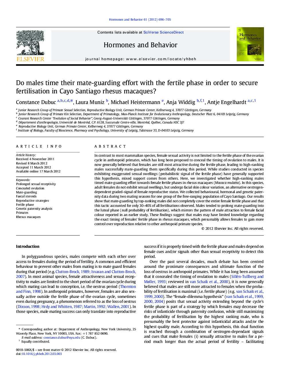 Do males time their mate-guarding effort with the fertile phase in order to secure fertilisation in Cayo Santiago rhesus macaques?