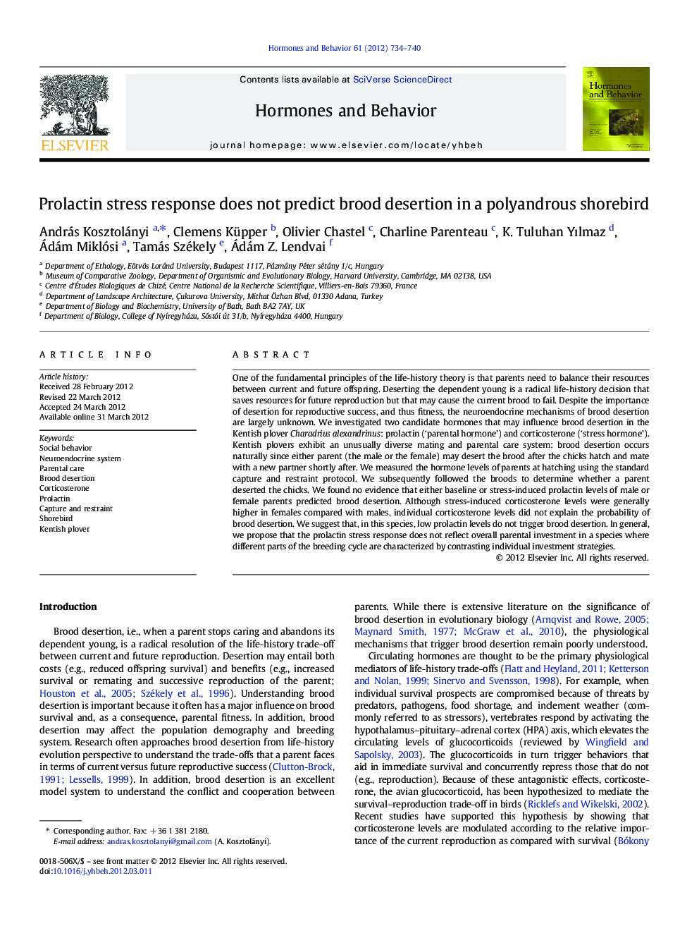 Prolactin stress response does not predict brood desertion in a polyandrous shorebird