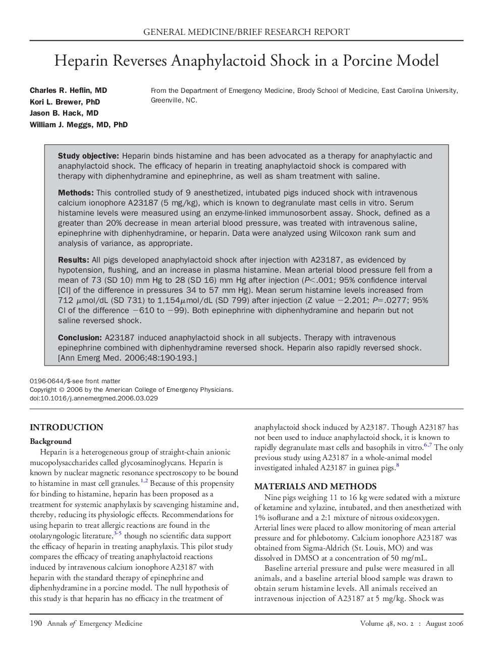 Heparin Reverses Anaphylactoid Shock in a Porcine Model 