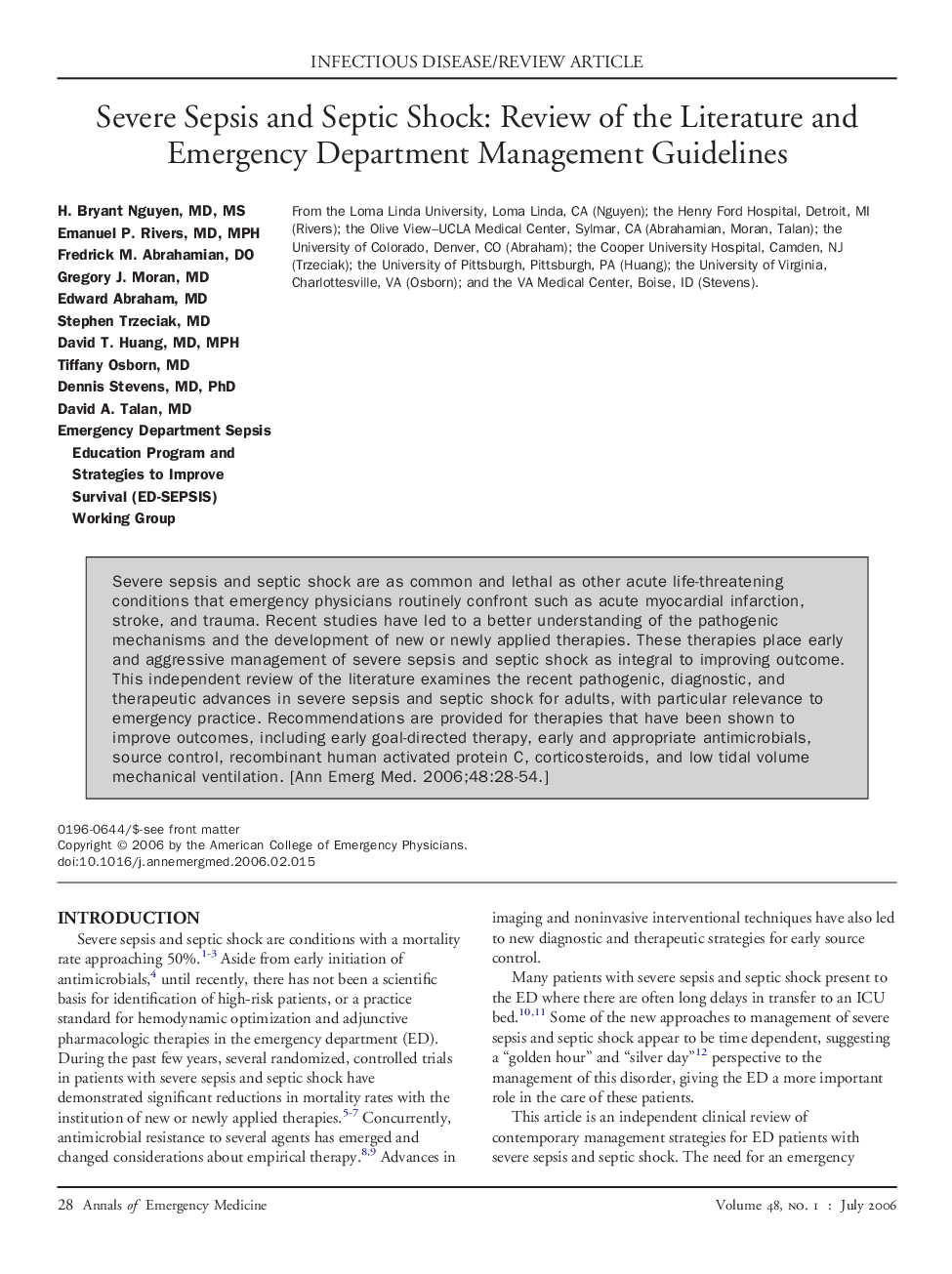 Severe Sepsis and Septic Shock: Review of the Literature and Emergency Department Management Guidelines