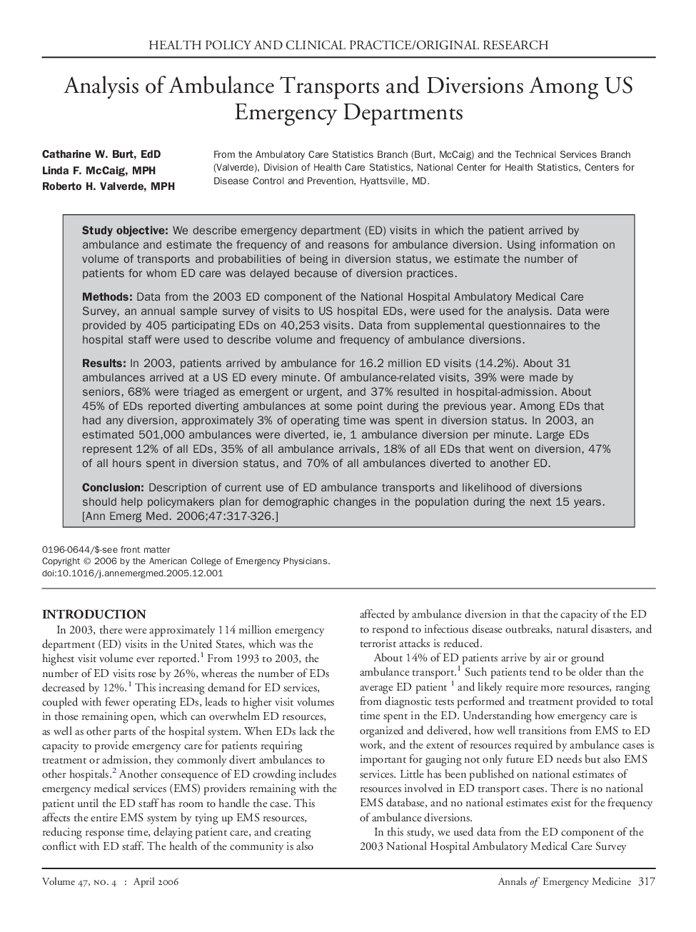 Analysis of Ambulance Transports and Diversions Among US Emergency Departments 