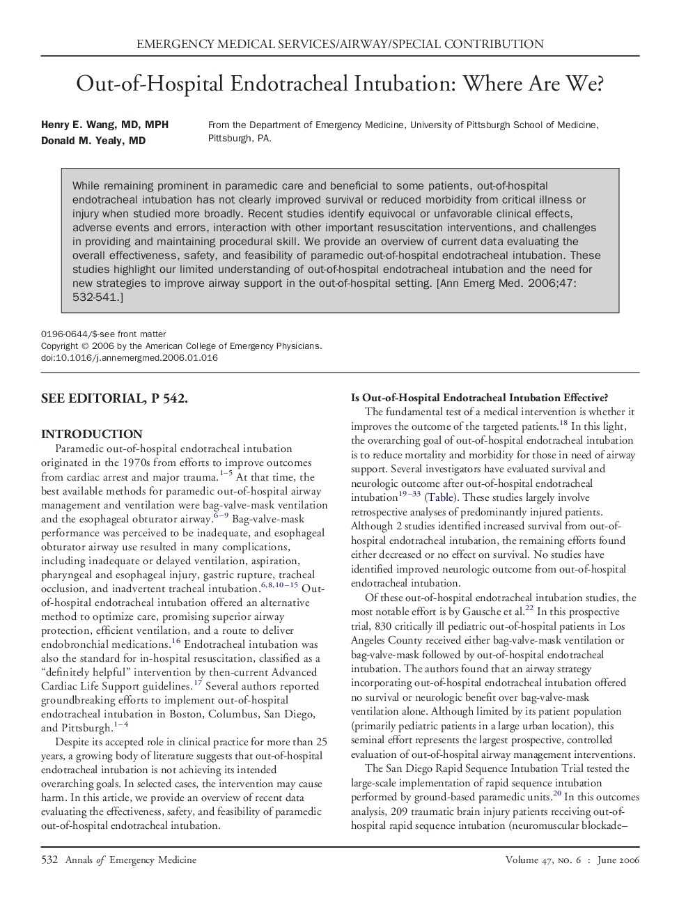 Out-of-Hospital Endotracheal Intubation: Where Are We? 