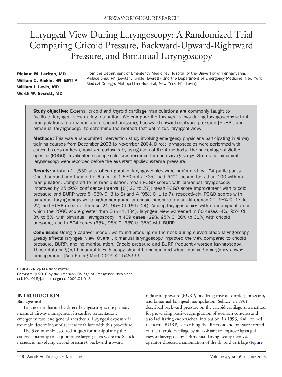 Laryngeal View During Laryngoscopy: A Randomized Trial Comparing Cricoid Pressure, Backward-Upward-Rightward Pressure, and Bimanual Laryngoscopy 