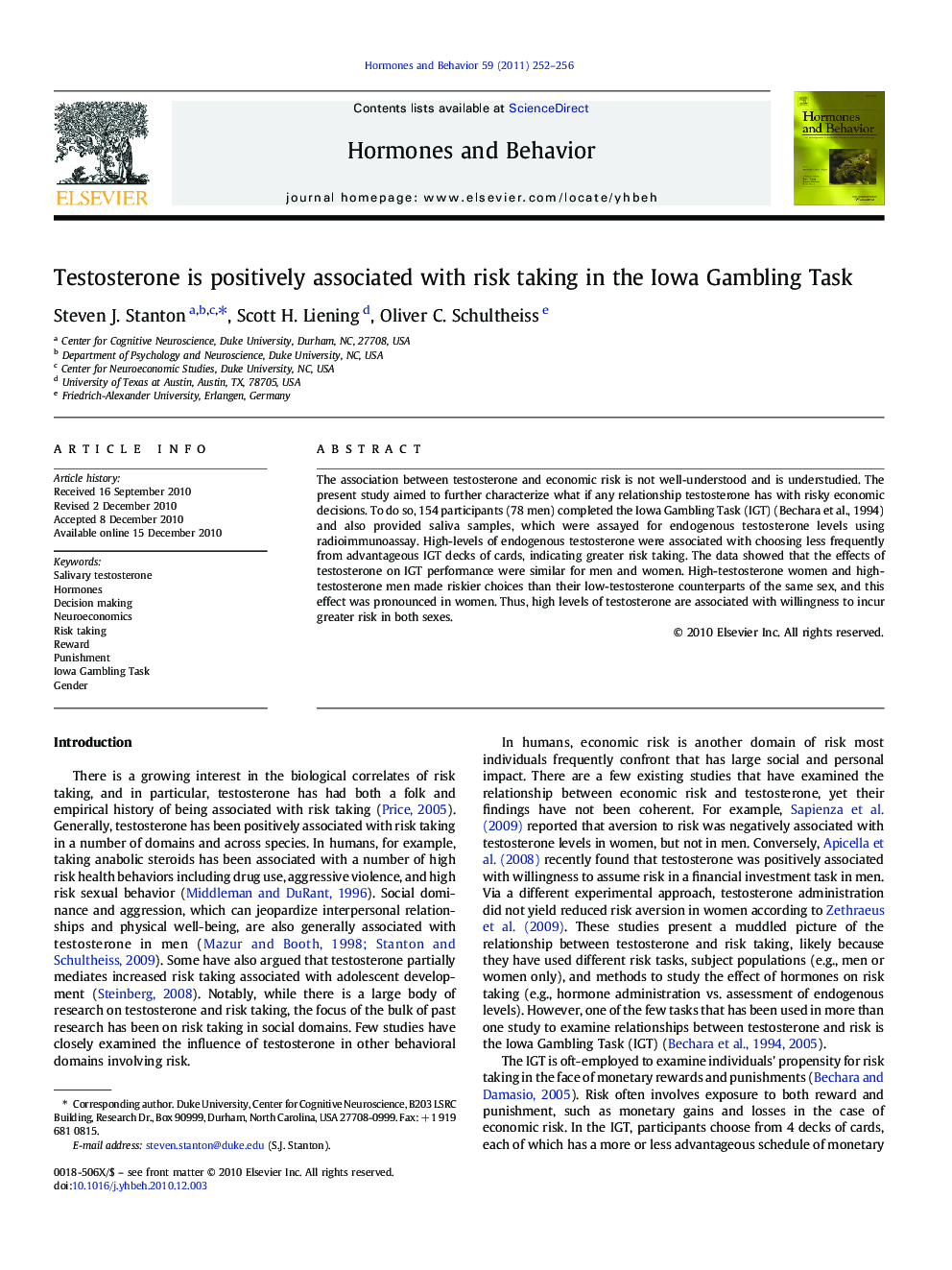 Testosterone is positively associated with risk taking in the Iowa Gambling Task