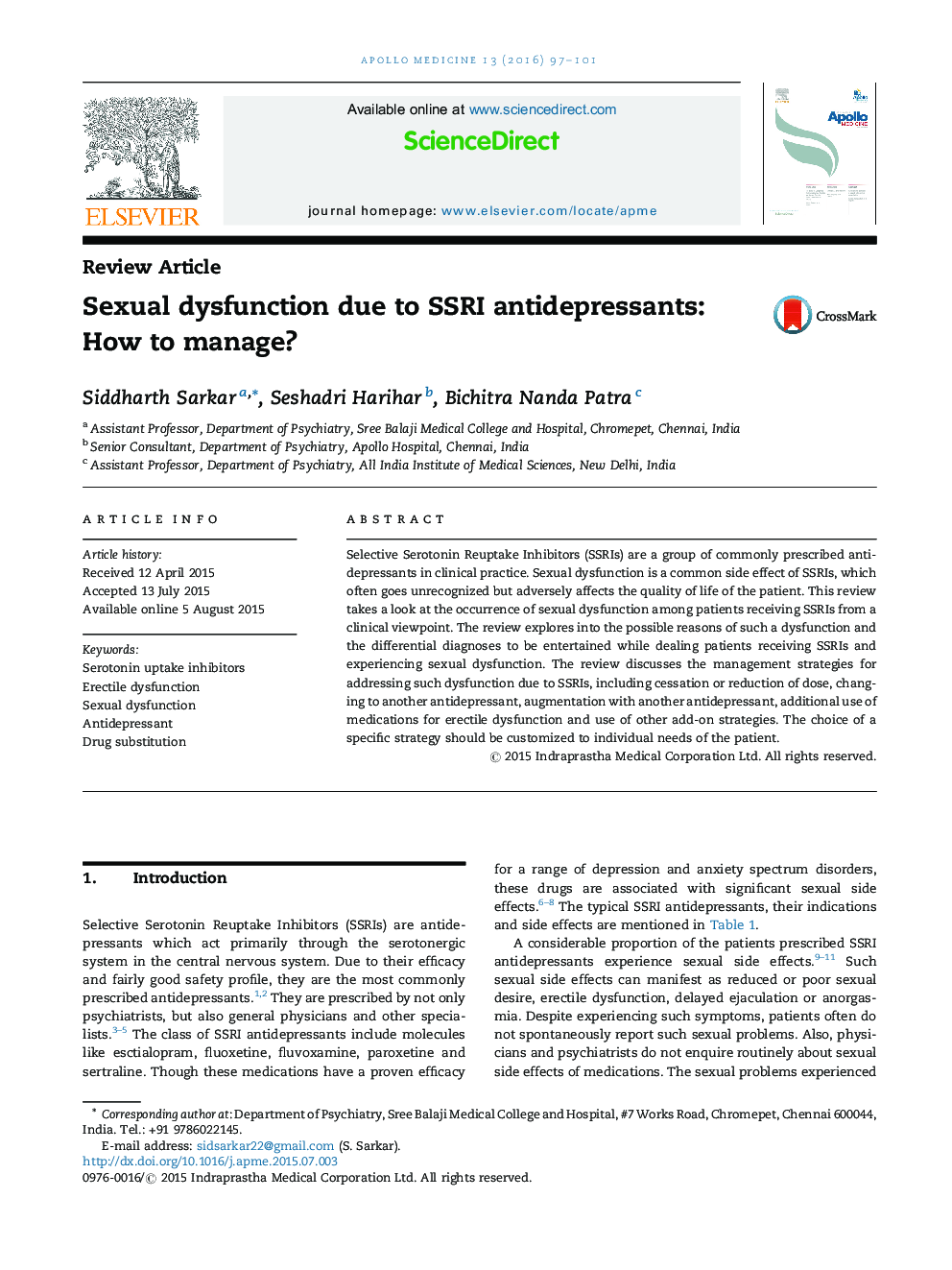 Sexual dysfunction due to SSRI antidepressants: How to manage?