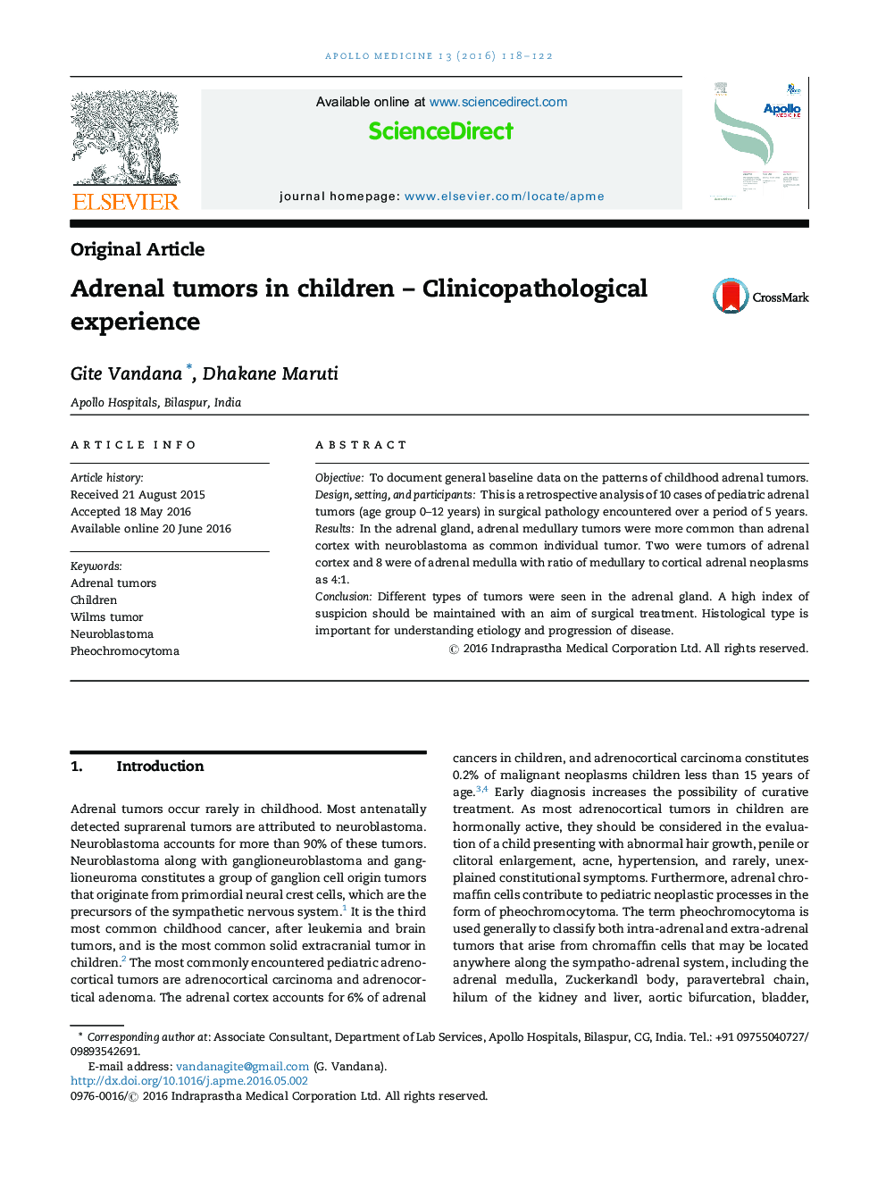 Adrenal tumors in children – Clinicopathological experience