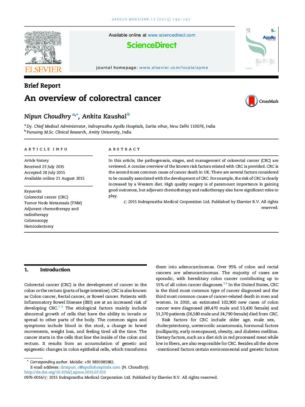 An overview of colorectral cancer