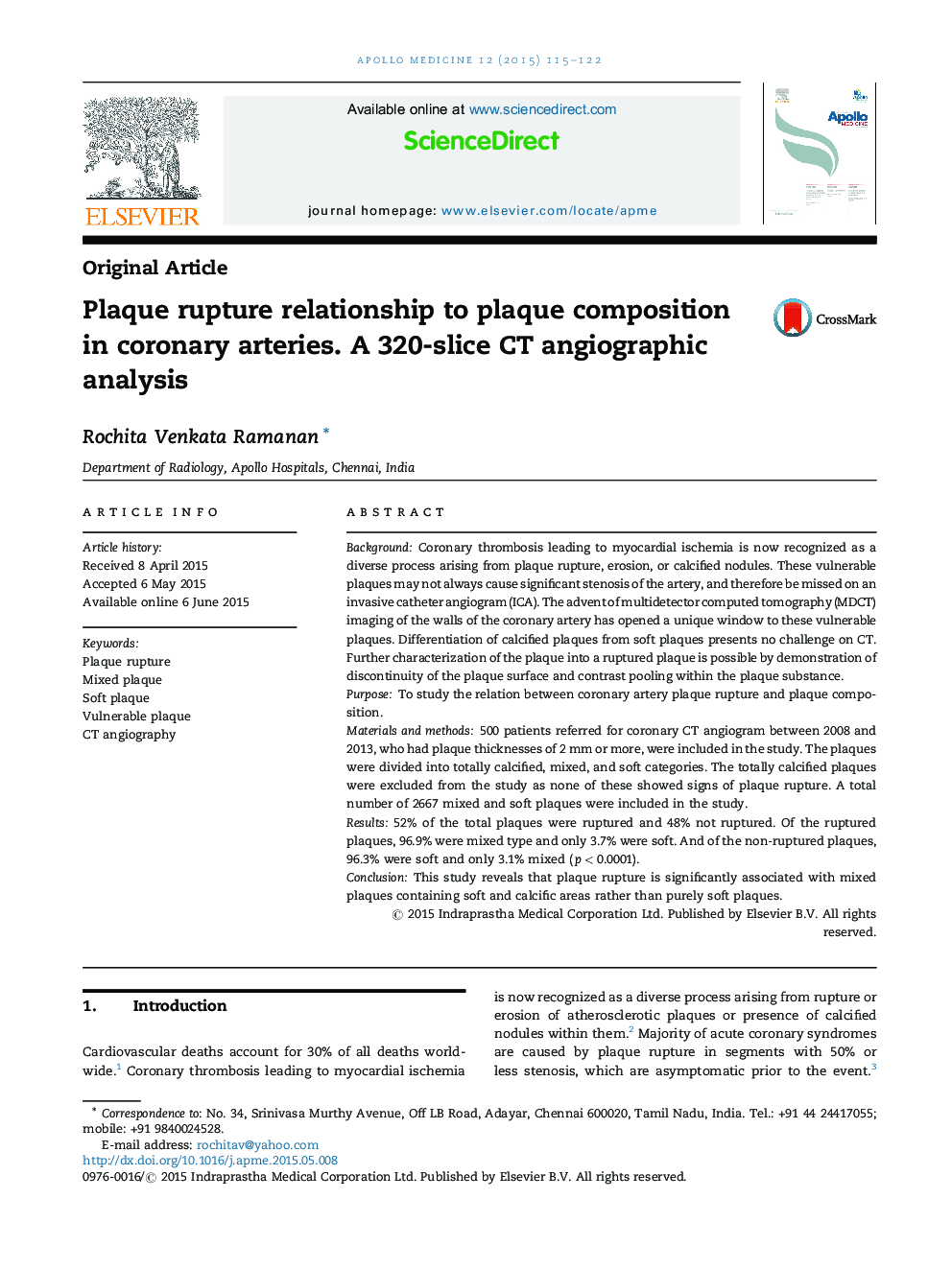 Plaque rupture relationship to plaque composition in coronary arteries. A 320-slice CT angiographic analysis