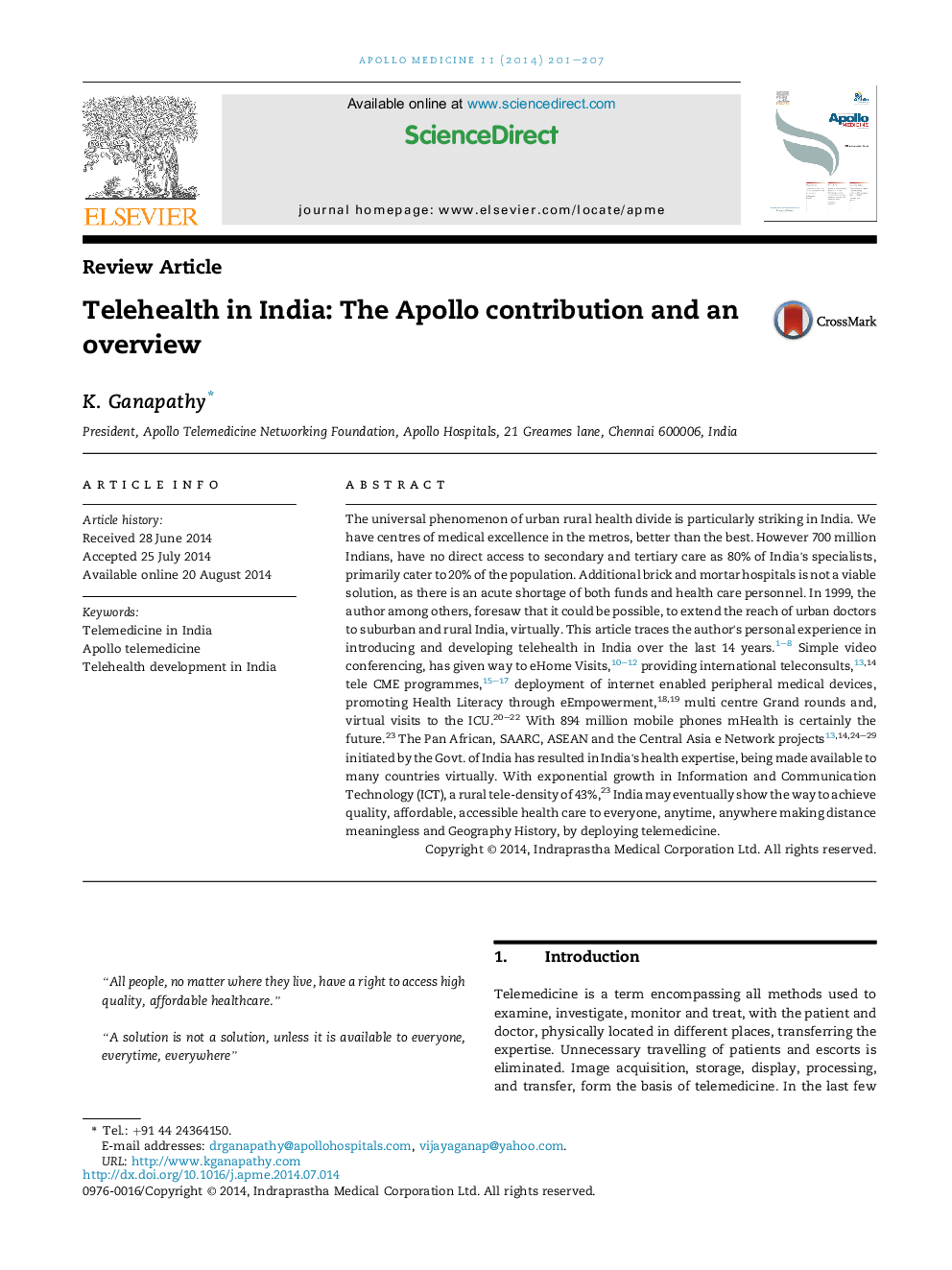 Telehealth in India: The Apollo contribution and an overview