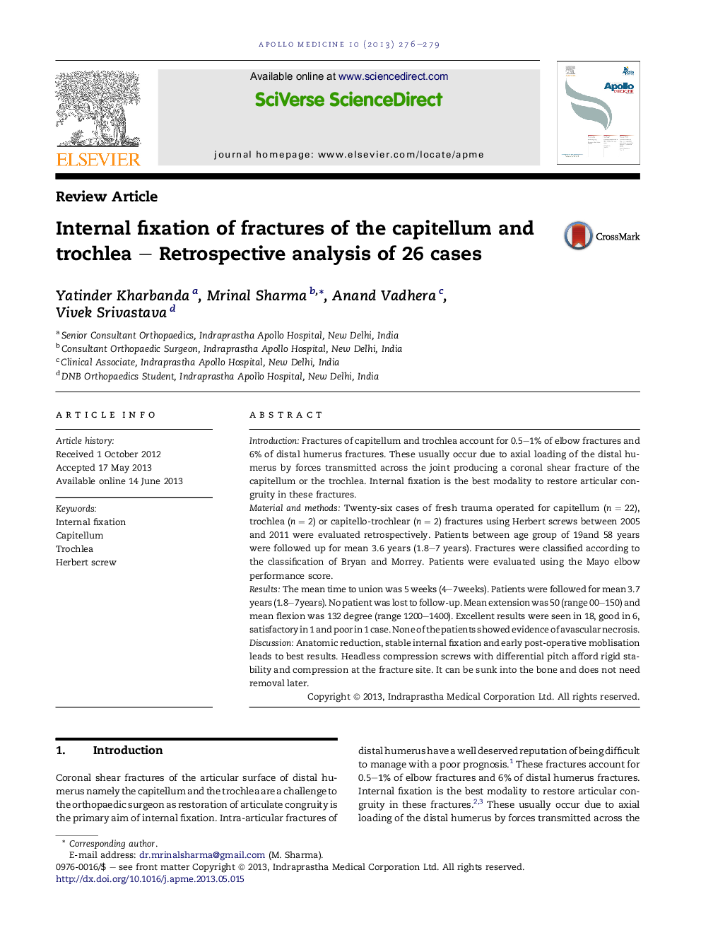 Internal fixation of fractures of the capitellum and trochlea – Retrospective analysis of 26 cases