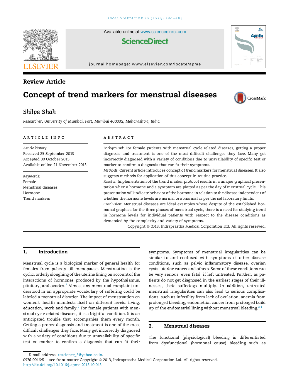 Concept of trend markers for menstrual diseases