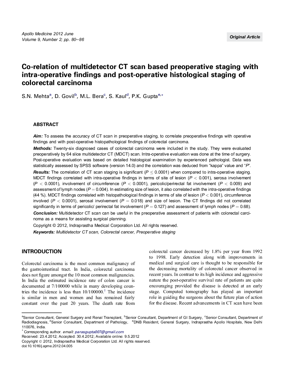 Co-relation of multidetector CT scan based preoperative staging with intra-operative findings and post-operative histological staging of colorectal carcinoma