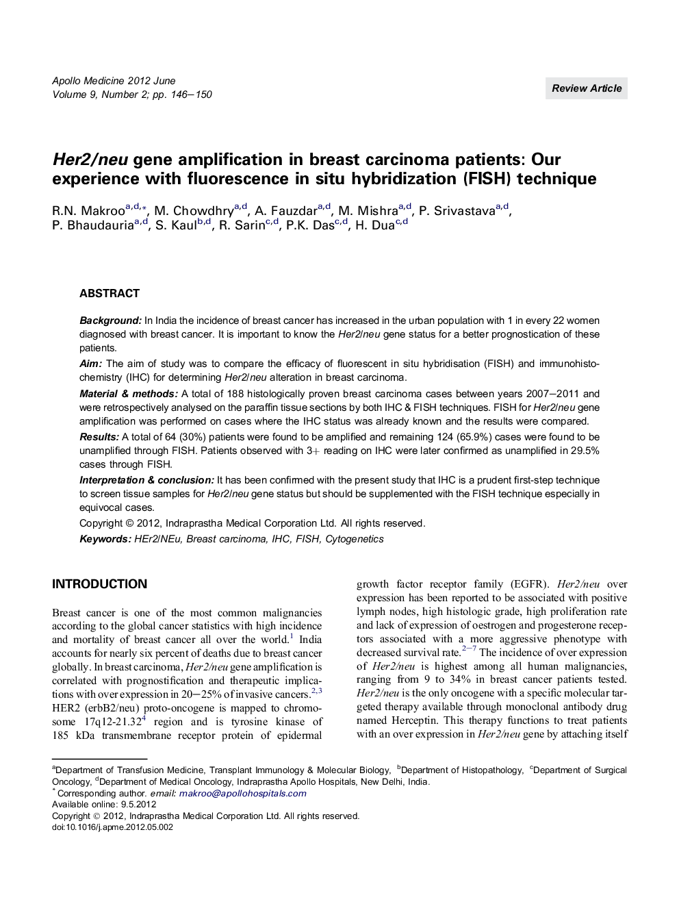 Her2/neu gene amplification in breast carcinoma patients: Our experience with fluorescence in situ hybridization (FISH) technique