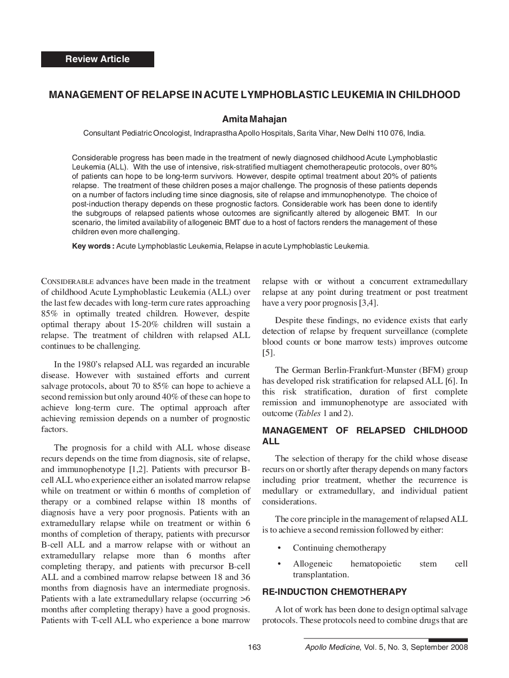 Management of Relapse in Acute Lymphoblastic Leukemia in Childhood