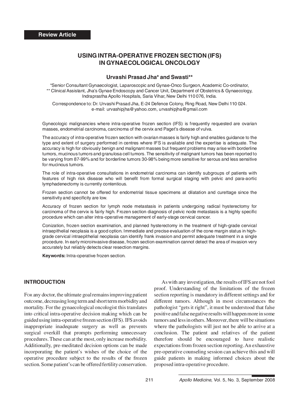 عکس صفحه اول مقاله: Using Intra-Operative Frozen Section (IFS) in Gynaecological Oncology Using Intra-Operative Frozen Section (IFS) in Gynaecological Oncology