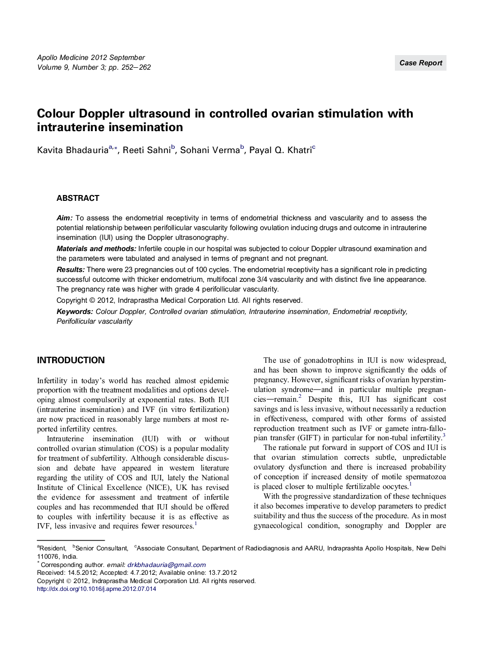 Colour Doppler ultrasound in controlled ovarian stimulation with intrauterine insemination