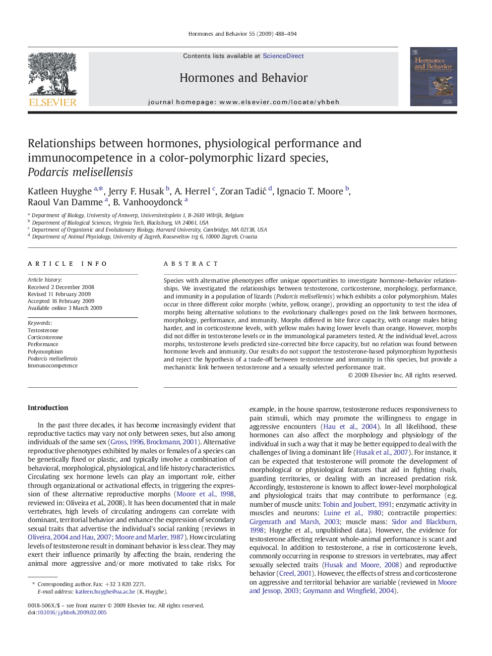 Relationships between hormones, physiological performance and immunocompetence in a color-polymorphic lizard species, Podarcis melisellensis