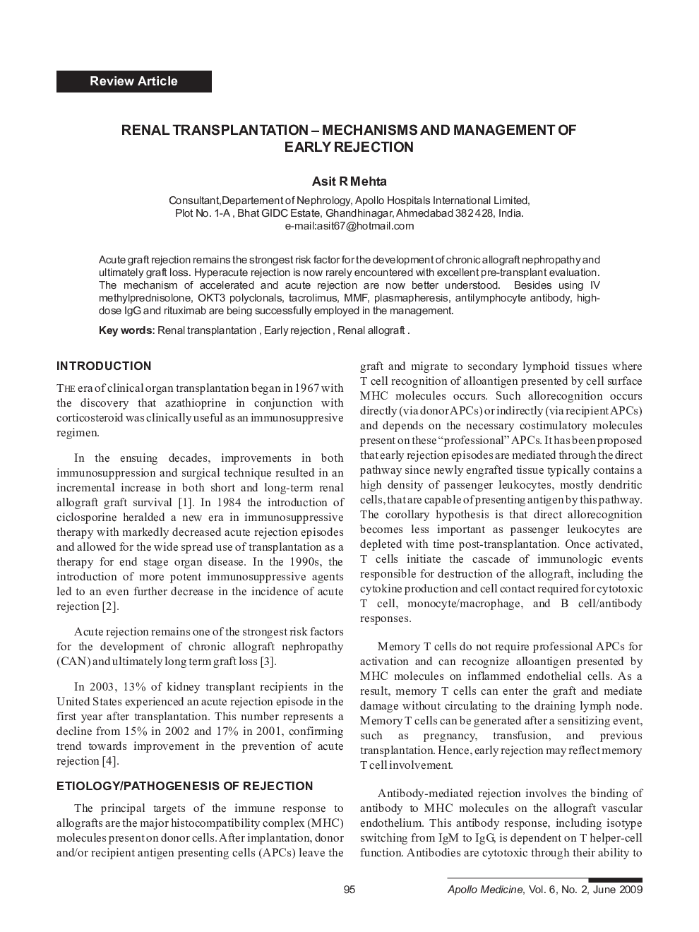 Renal Transplantation – Mechanisms and Management of Early Rejection