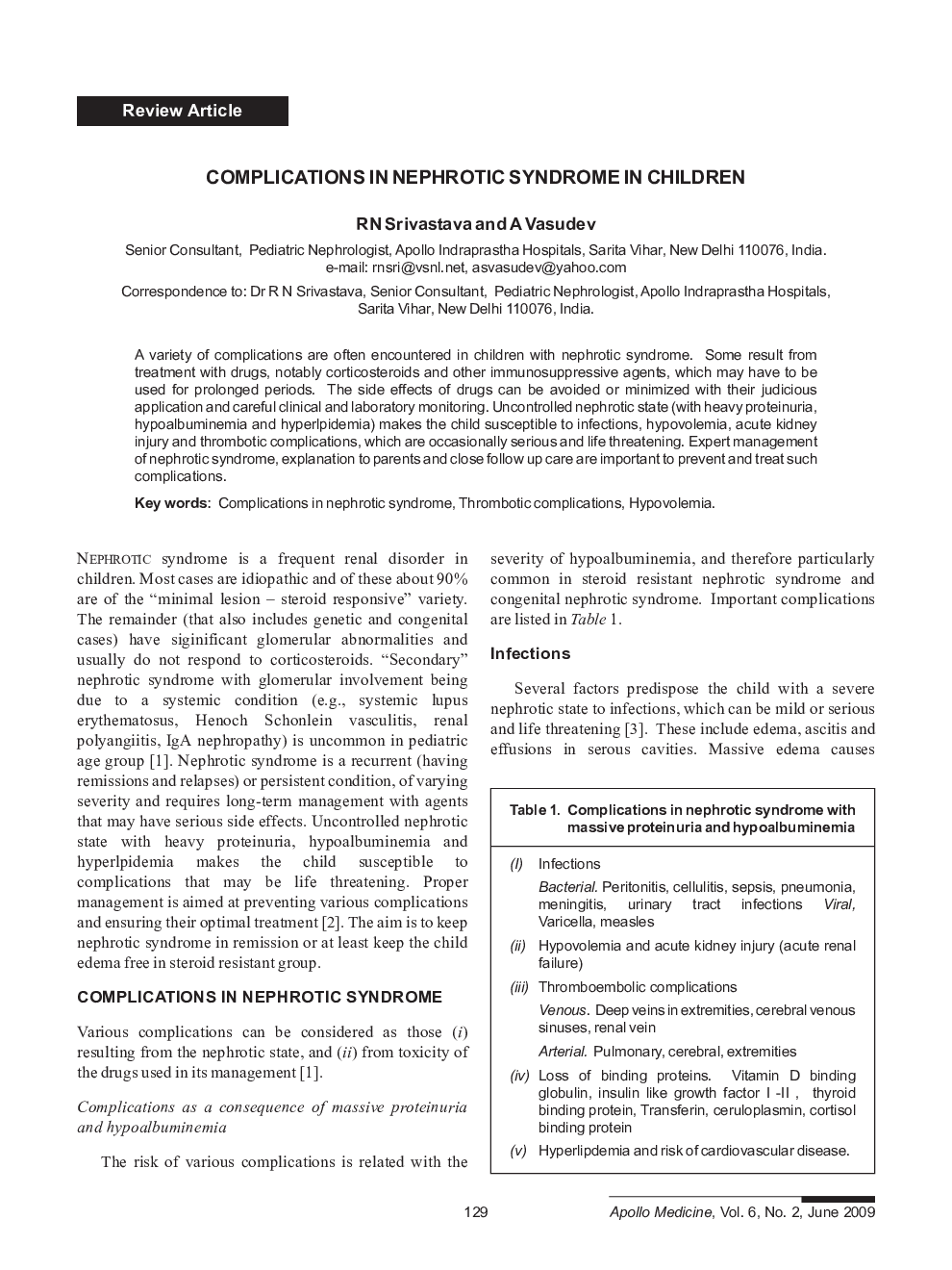 Complications In Nephrotic Syndrome In Children
