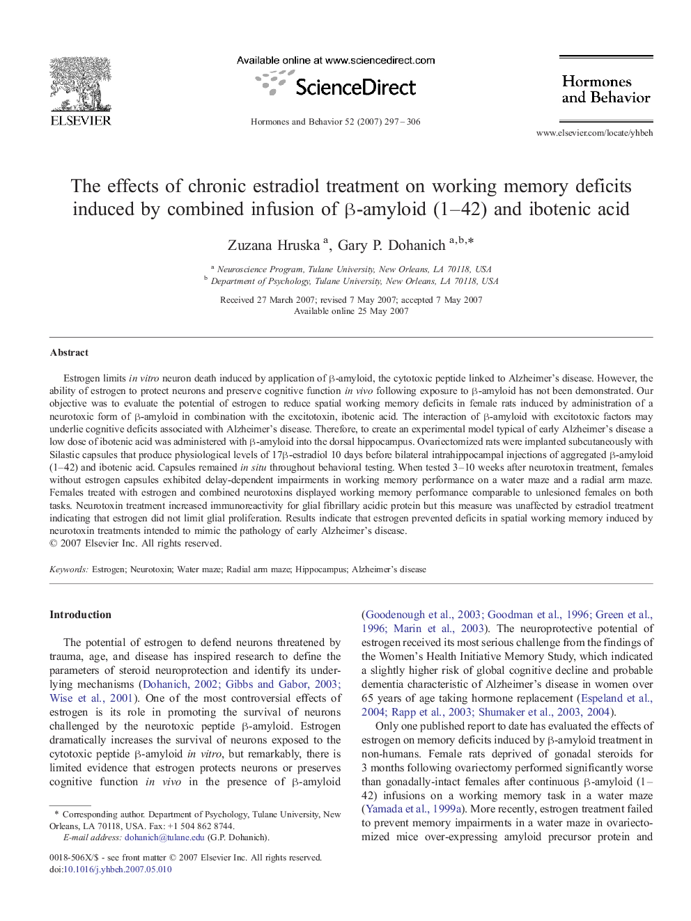 The effects of chronic estradiol treatment on working memory deficits induced by combined infusion of β-amyloid (1–42) and ibotenic acid