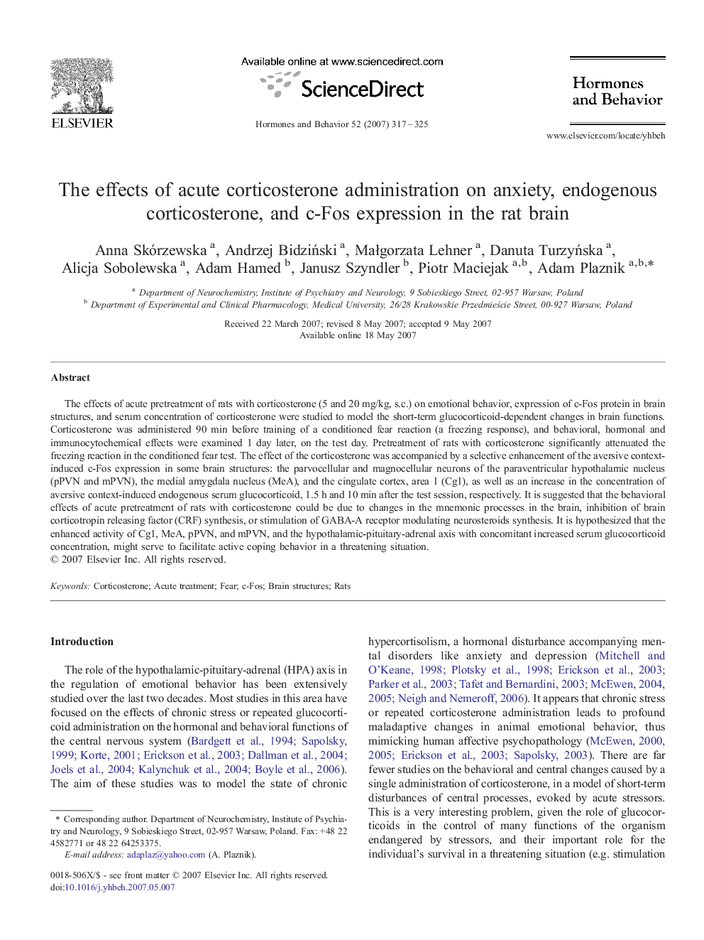 The effects of acute corticosterone administration on anxiety, endogenous corticosterone, and c-Fos expression in the rat brain