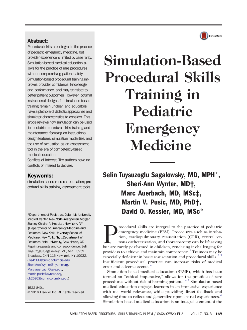 Simulation-Based Procedural Skills Training in Pediatric Emergency Medicine 