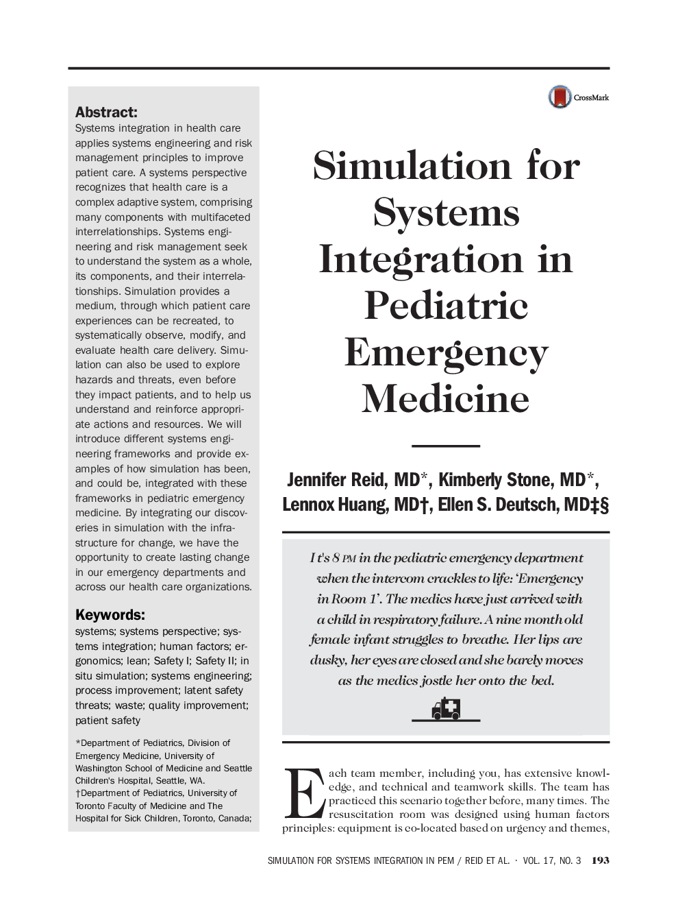 Simulation for Systems Integration in Pediatric Emergency Medicine