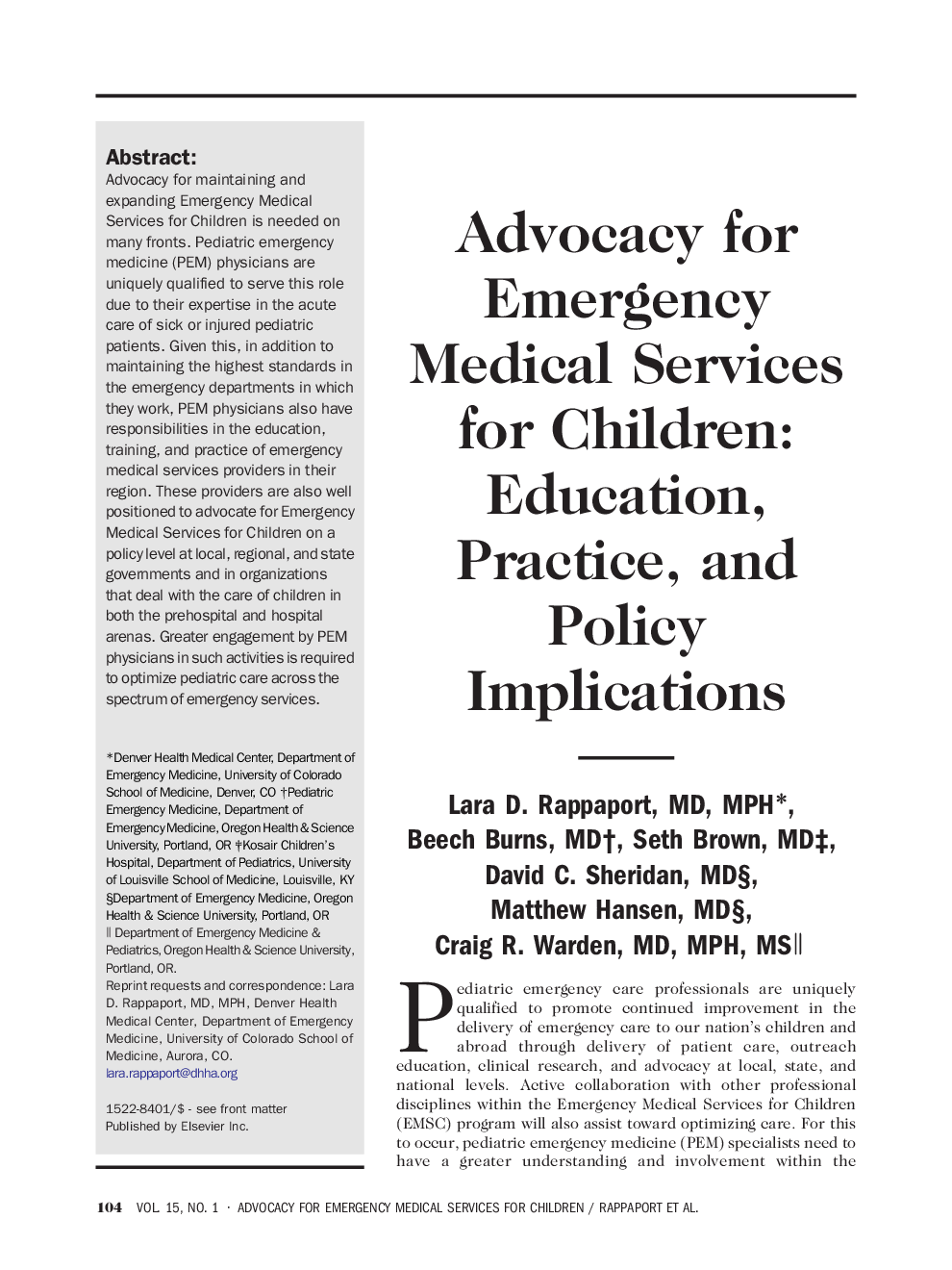 Advocacy for Emergency Medical Services for Children: Education, Practice, and Policy Implications