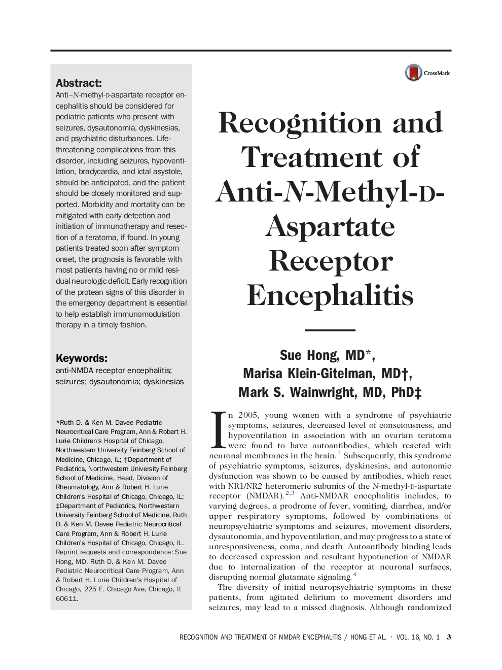 Recognition and Treatment of Anti-N-Methyl-d-Aspartate Receptor Encephalitis 