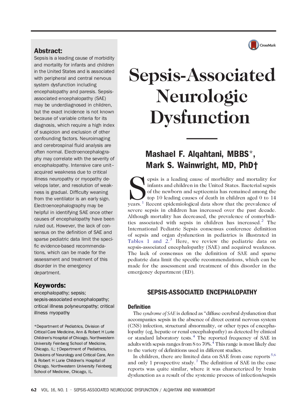 Sepsis-Associated Neurologic Dysfunction 