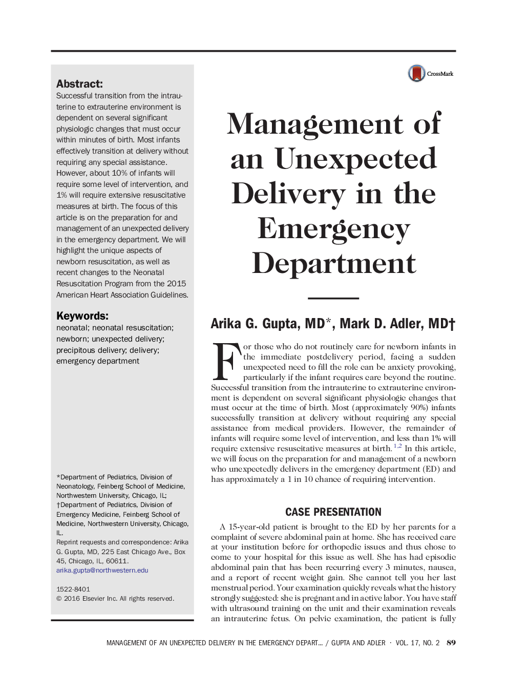 Management of an Unexpected Delivery in the Emergency Department