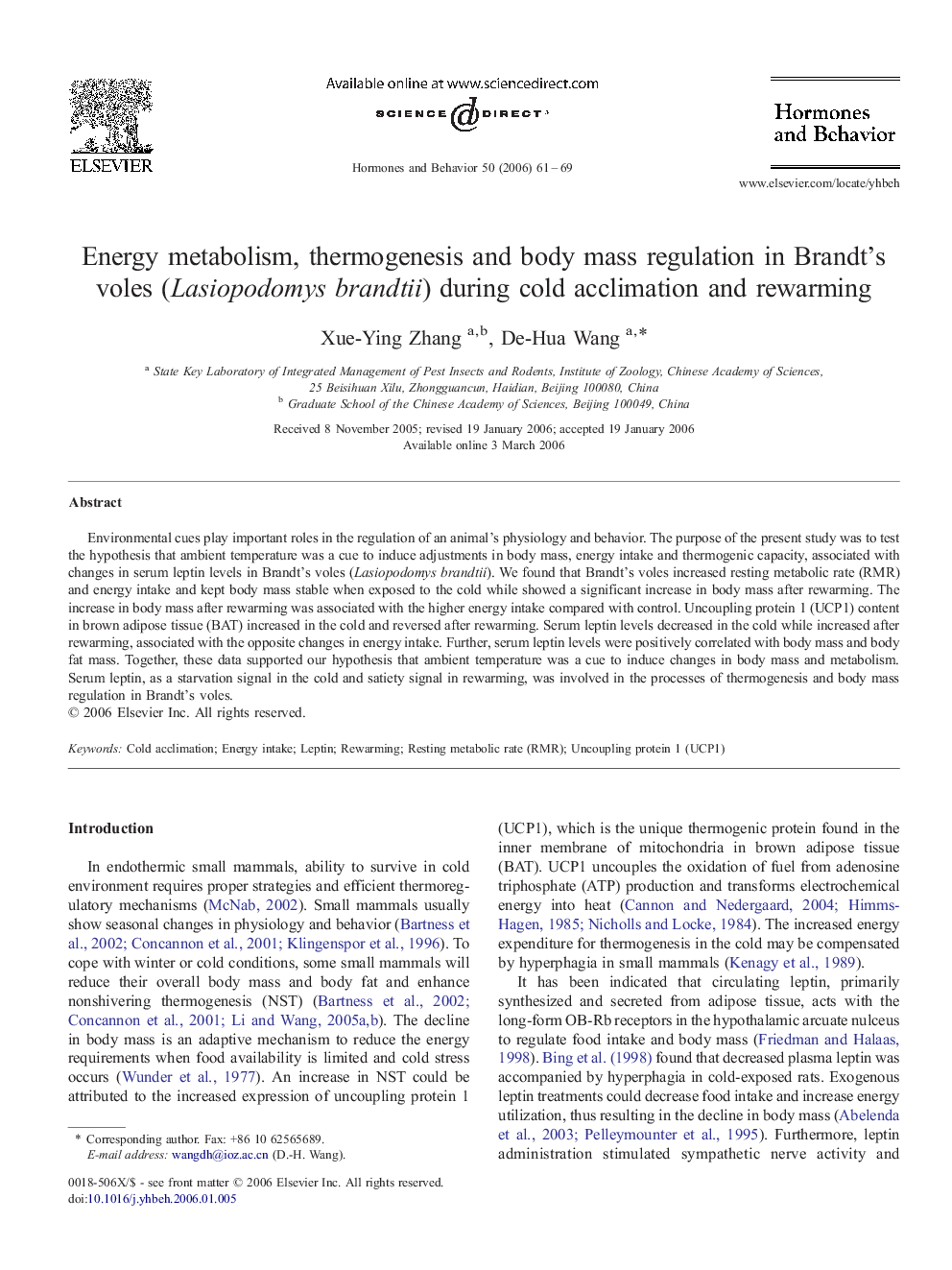 Energy metabolism, thermogenesis and body mass regulation in Brandt's voles (Lasiopodomys brandtii) during cold acclimation and rewarming