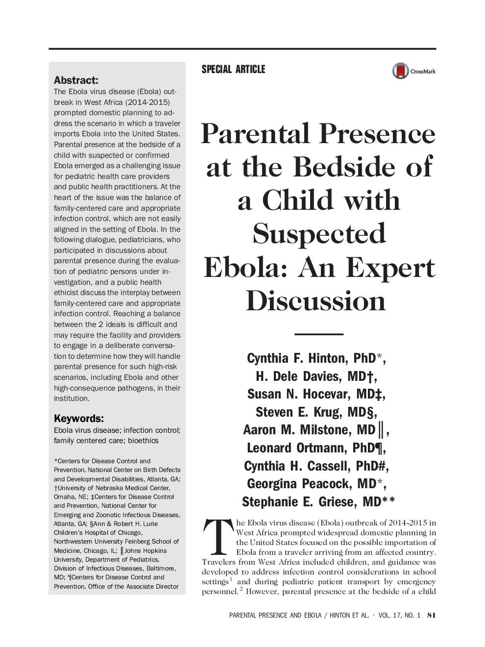 Parental Presence at the Bedside of a Child with Suspected Ebola: An Expert Discussion 