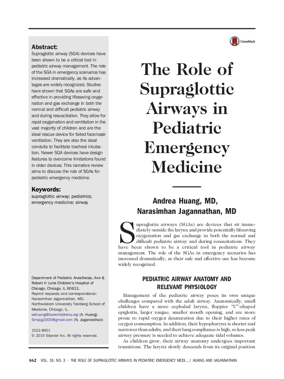 The Role of Supraglottic Airways in Pediatric Emergency Medicine