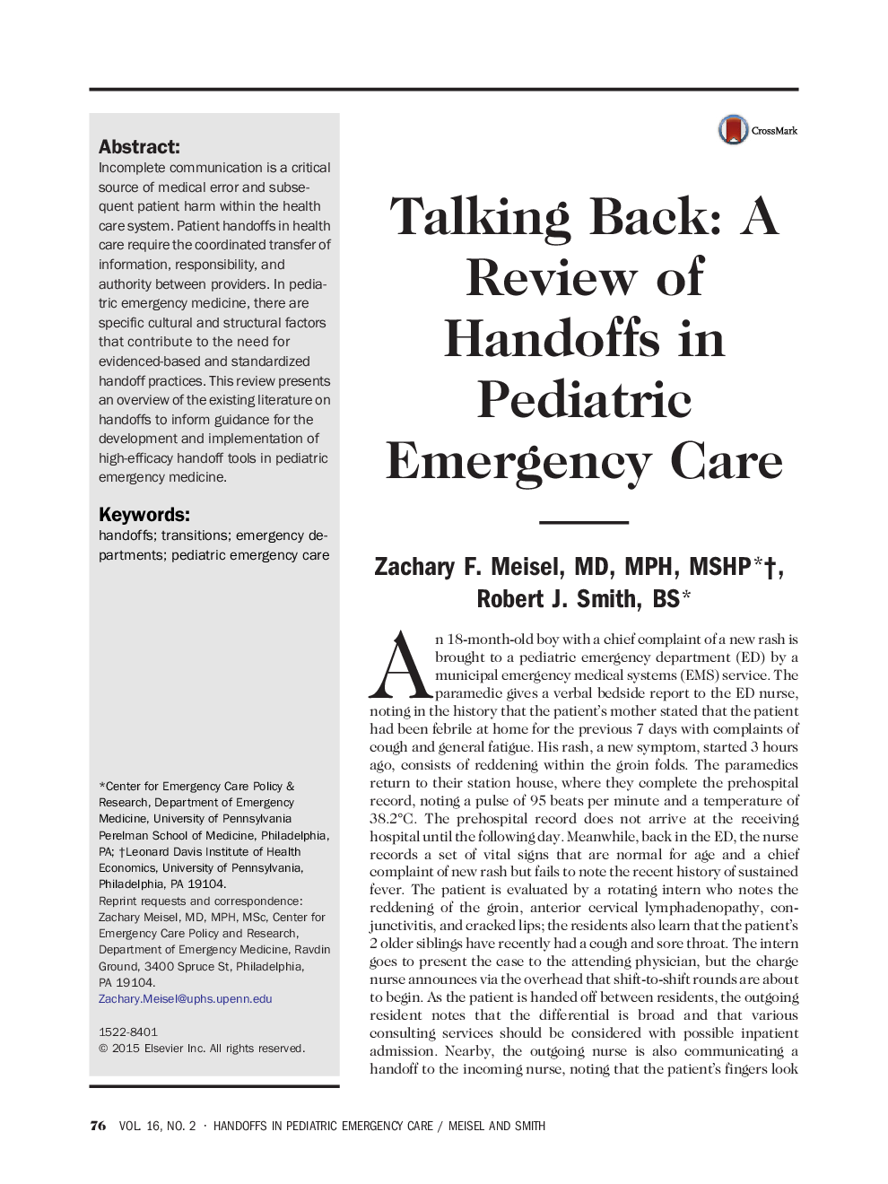 Talking Back: A Review of Handoffs in Pediatric Emergency Care