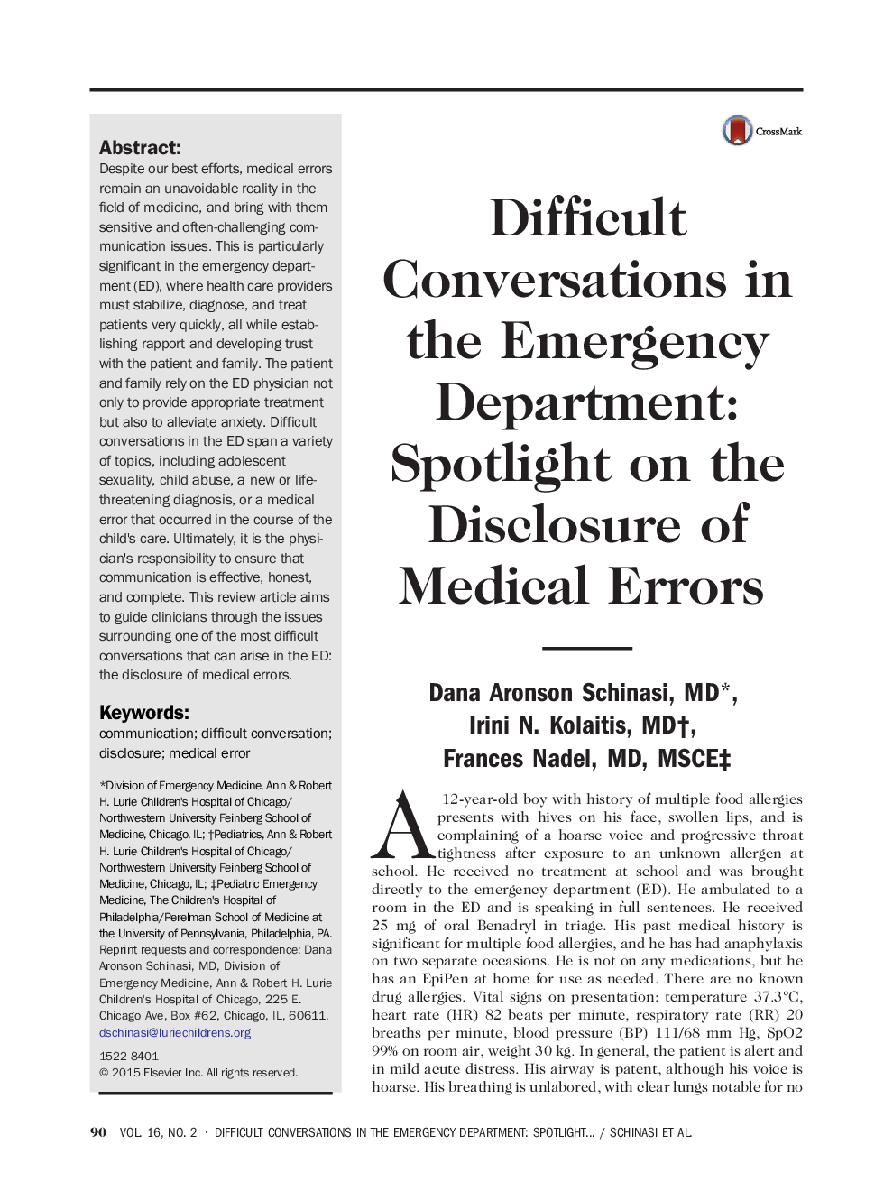 Difficult Conversations in the Emergency Department: Spotlight on the Disclosure of Medical Errors 