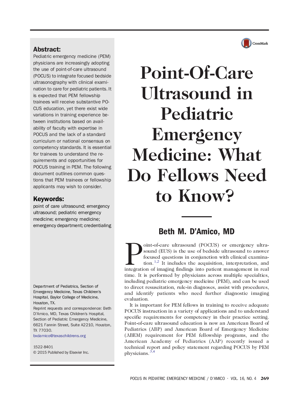 Point-Of-Care Ultrasound in Pediatric Emergency Medicine: What Do Fellows Need to Know? 