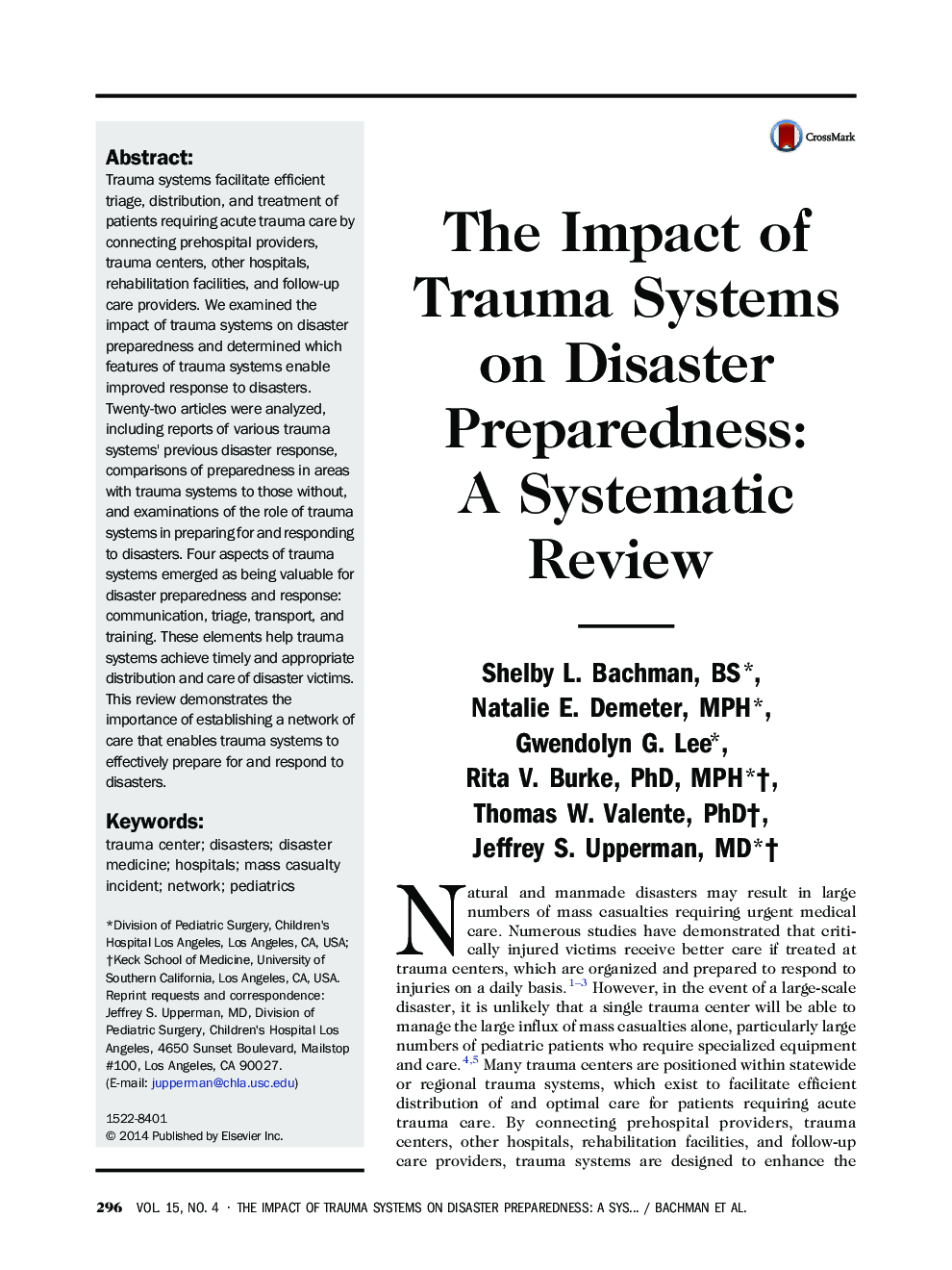 The Impact of Trauma Systems on Disaster Preparedness: A Systematic Review 