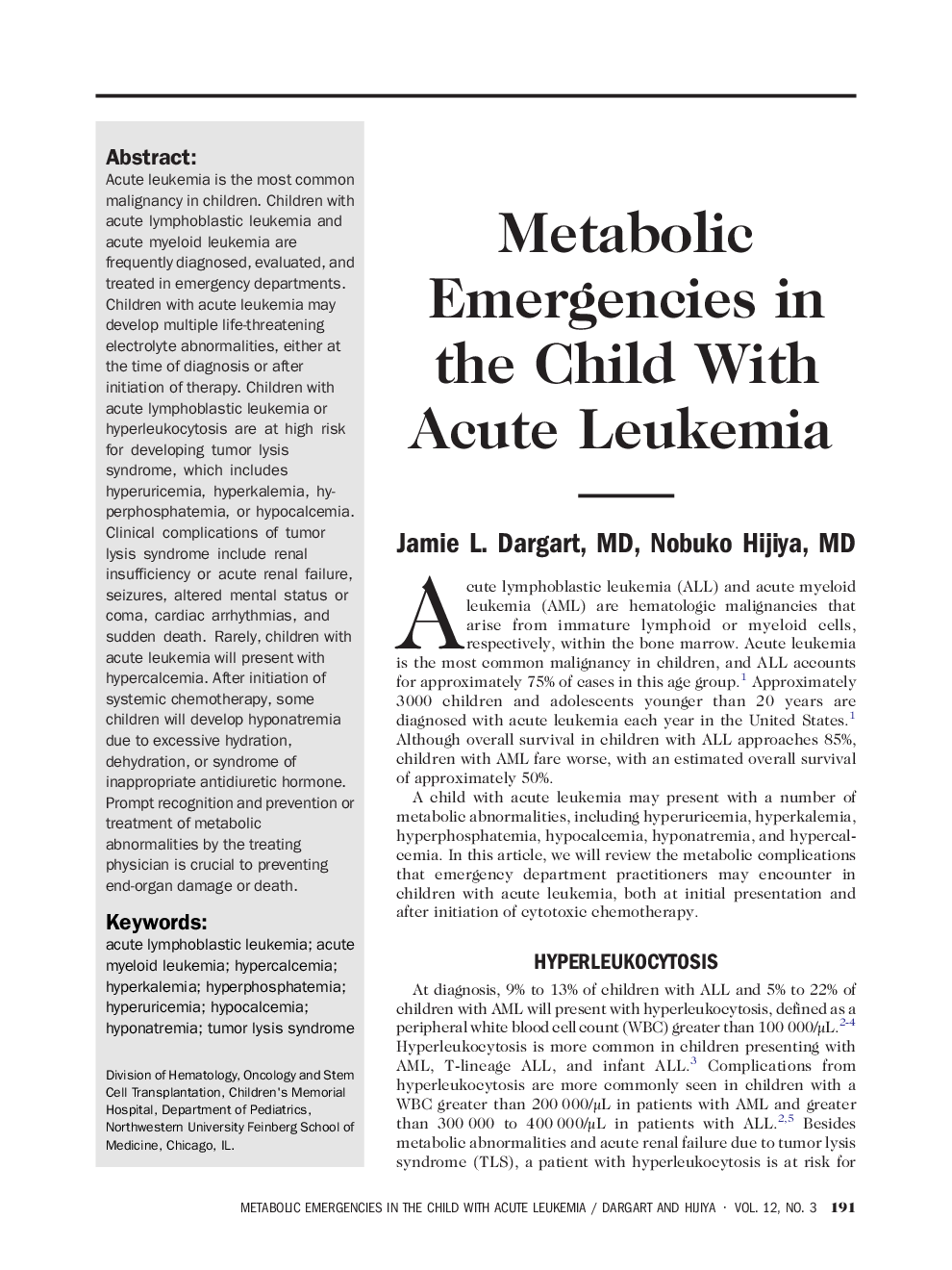 Metabolic Emergencies in the Child With Acute Leukemia